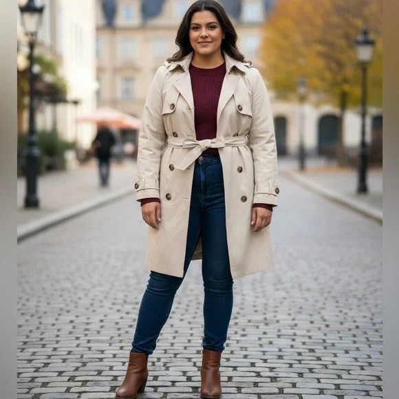 DKNY Cotton Blend Double-Breasted Trench Coat - Sand/Beige - XL (removable hood) - Picture 1 of 10